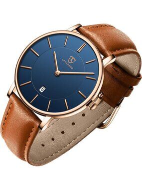 Men's Blue Dial Leather Strap Analog Minimalist Fashion Simple Round Wrist Watch